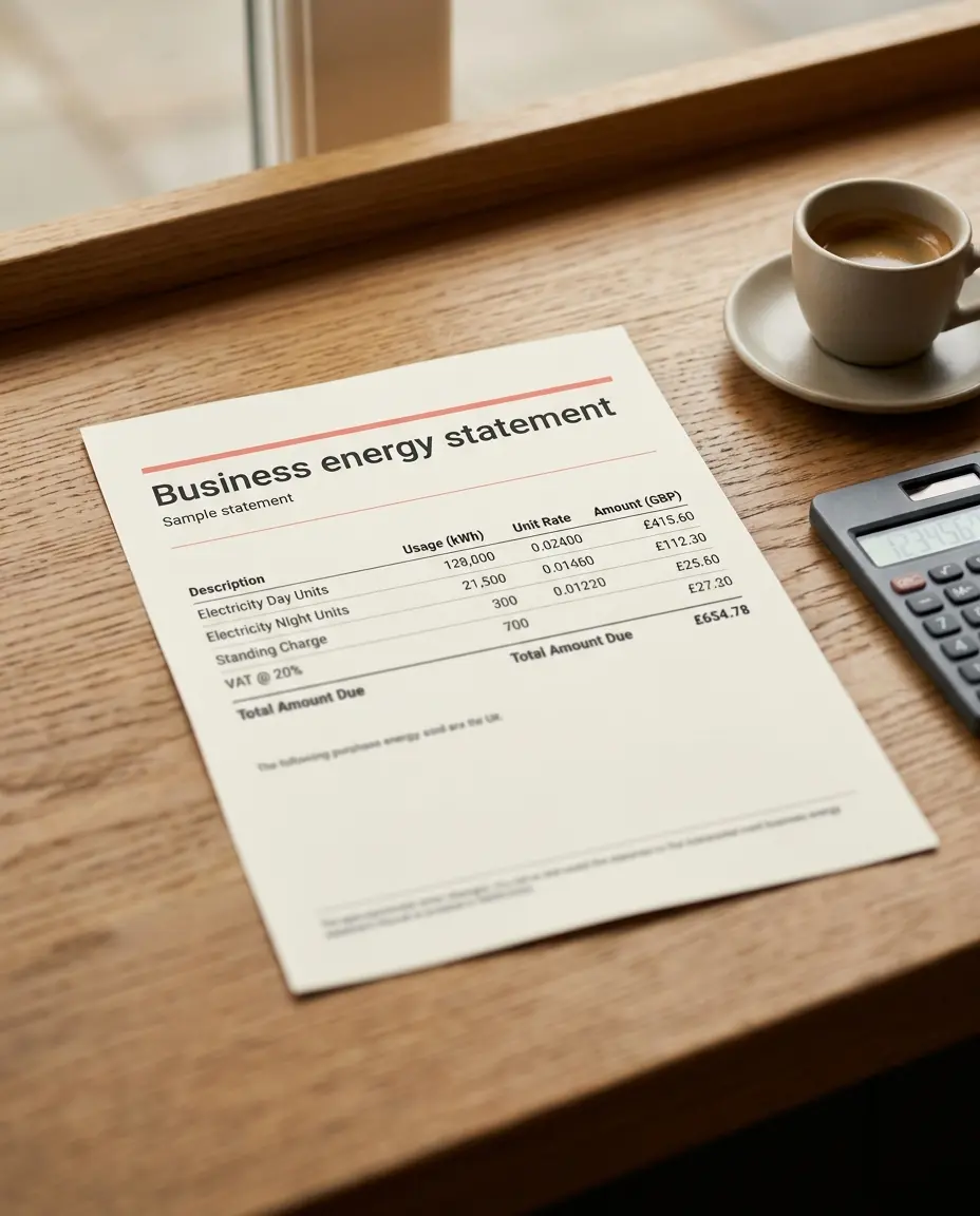 Close-up of an illustrative business energy bill on a café worktop beside a coffee and calculator
