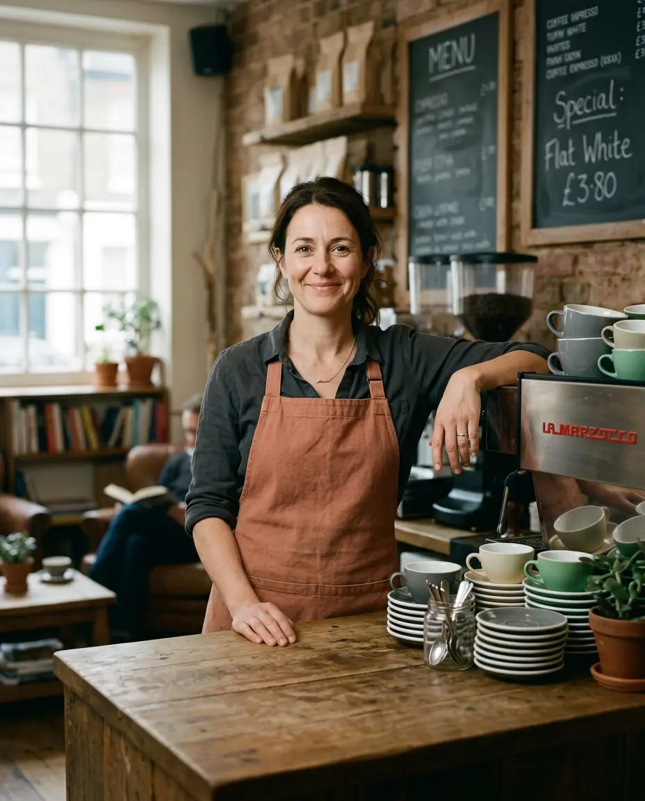 An independent café owner behind the counter of her welcoming UK café